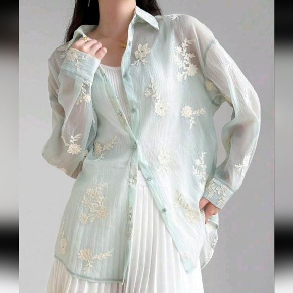 Tops - Women's Embroidered Button Up Front Long Sleeve Elegant Blouse, Summer